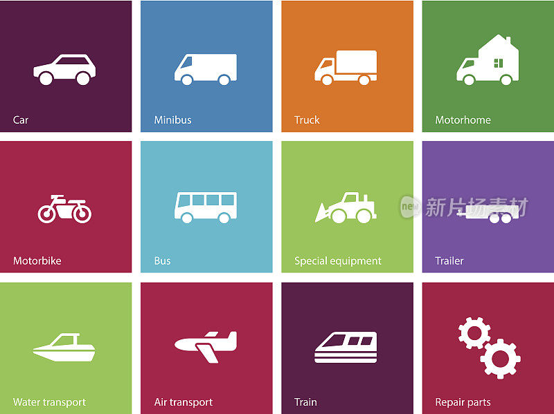 Cars and Transport icons on color background.